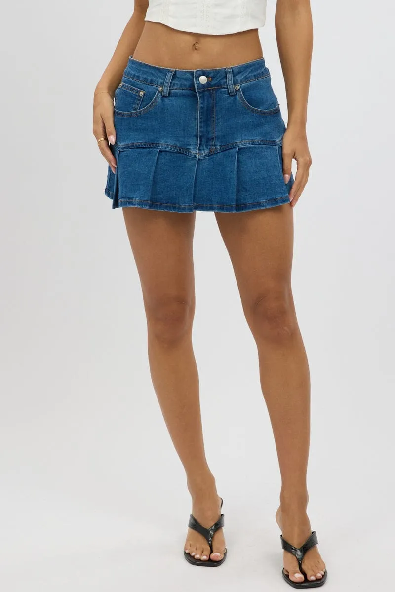 Denim Pleated Skort Mid Rise Mini Stretch Lined Unique Feature Smooth Motion