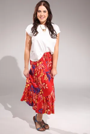 Pull on elastic waist Tiered Skirt | Red Gold Leaf | 3367A1 Fringe Detail Linen Cotton Mix