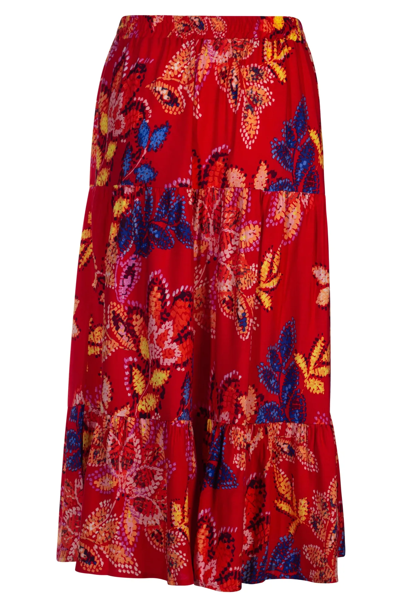 Pull on elastic waist Tiered Skirt | Red Gold Leaf | 3367A1 Button Fastenings Essential Style
