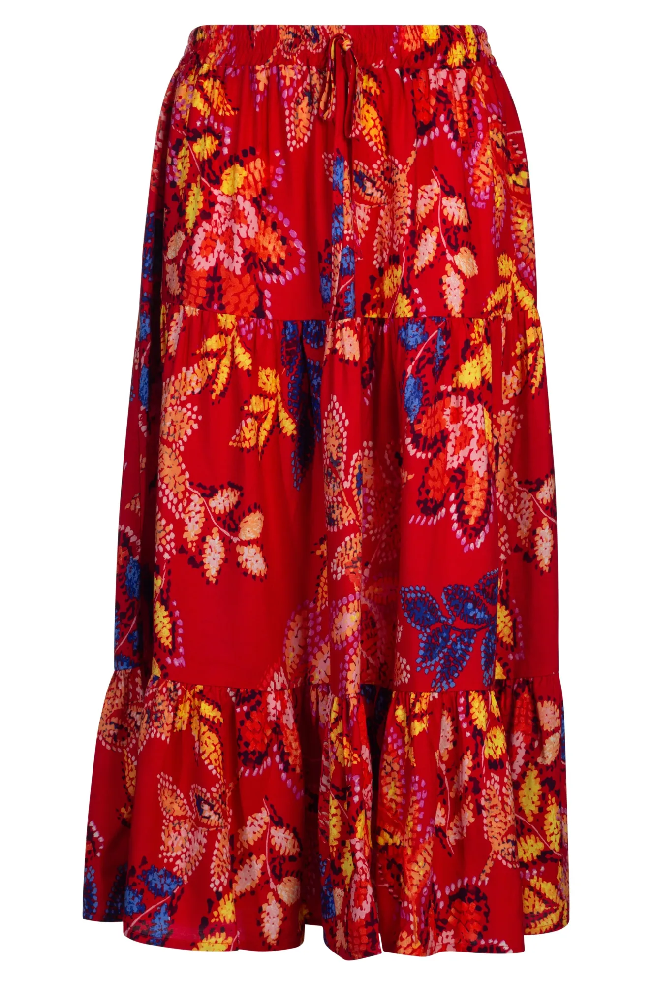 Bold Accent Pull on elastic waist Tiered Skirt | Red Gold Leaf | 3367A1