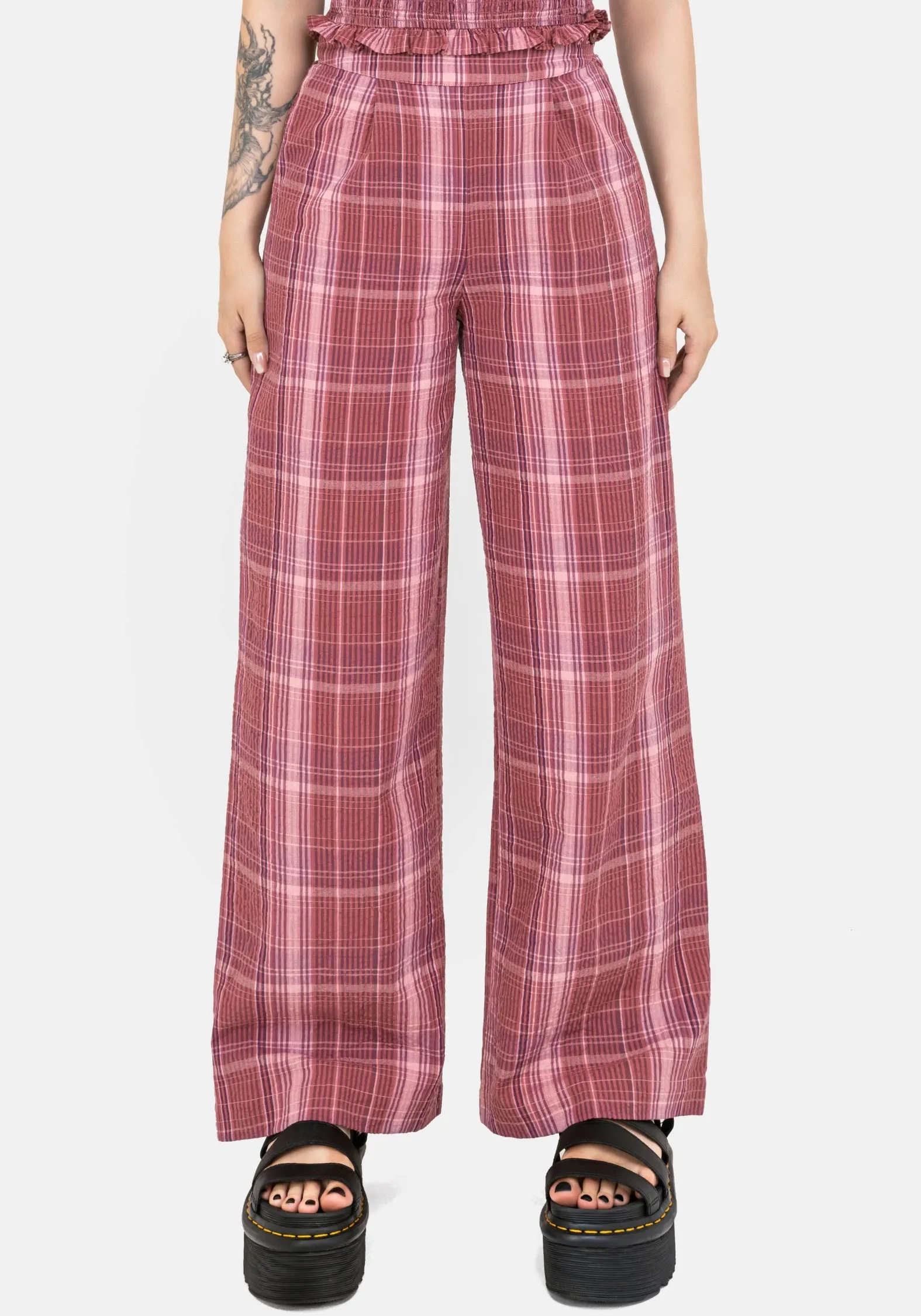 LightweightWeave Easy Wear Zorina Cotton Check Wide Leg Trousers