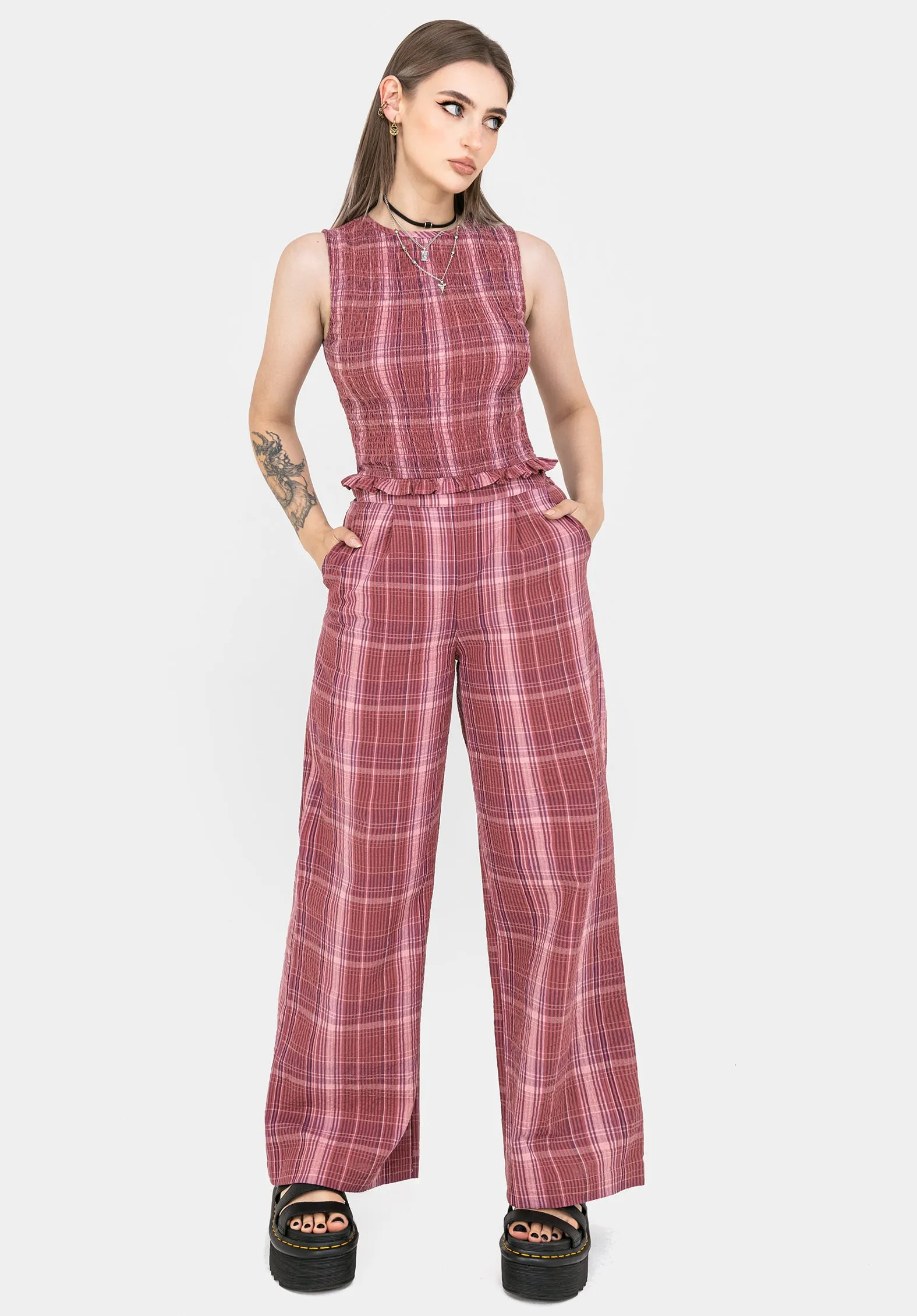 Modular Attachment Wardrobe Essential Zorina Cotton Check Wide Leg Trousers