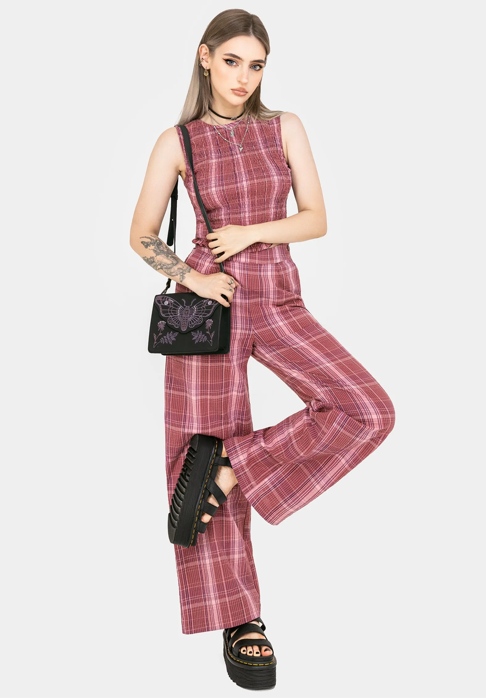 Back pockets Zorina Cotton Check Wide Leg Trousers