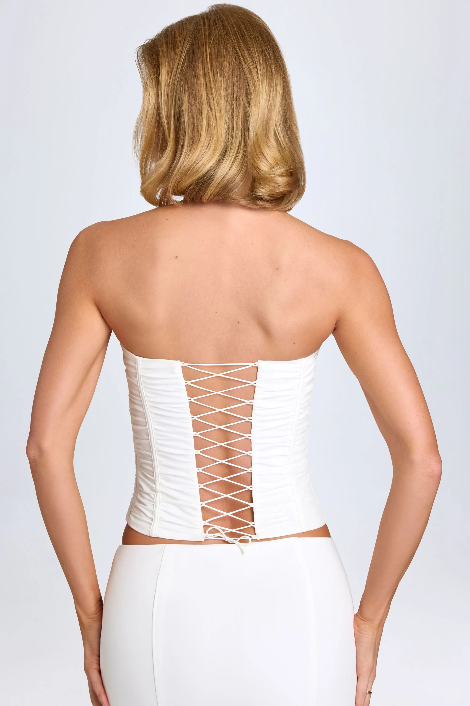Ruched Lace-Up Corset Top in White OrganicCotton