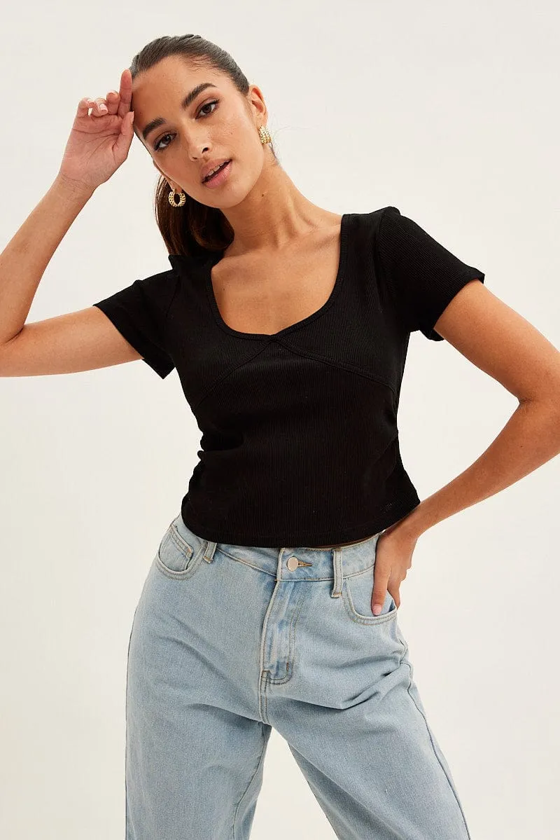 Black T-Shirt Short Sleeve V Neck Hygienic Finish