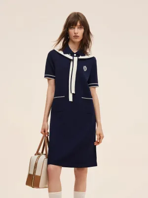 Lightweight Weave Keyhole Neckline Style Tencel Blend Women Knit Mini Dress With Detachable Sailor Collar