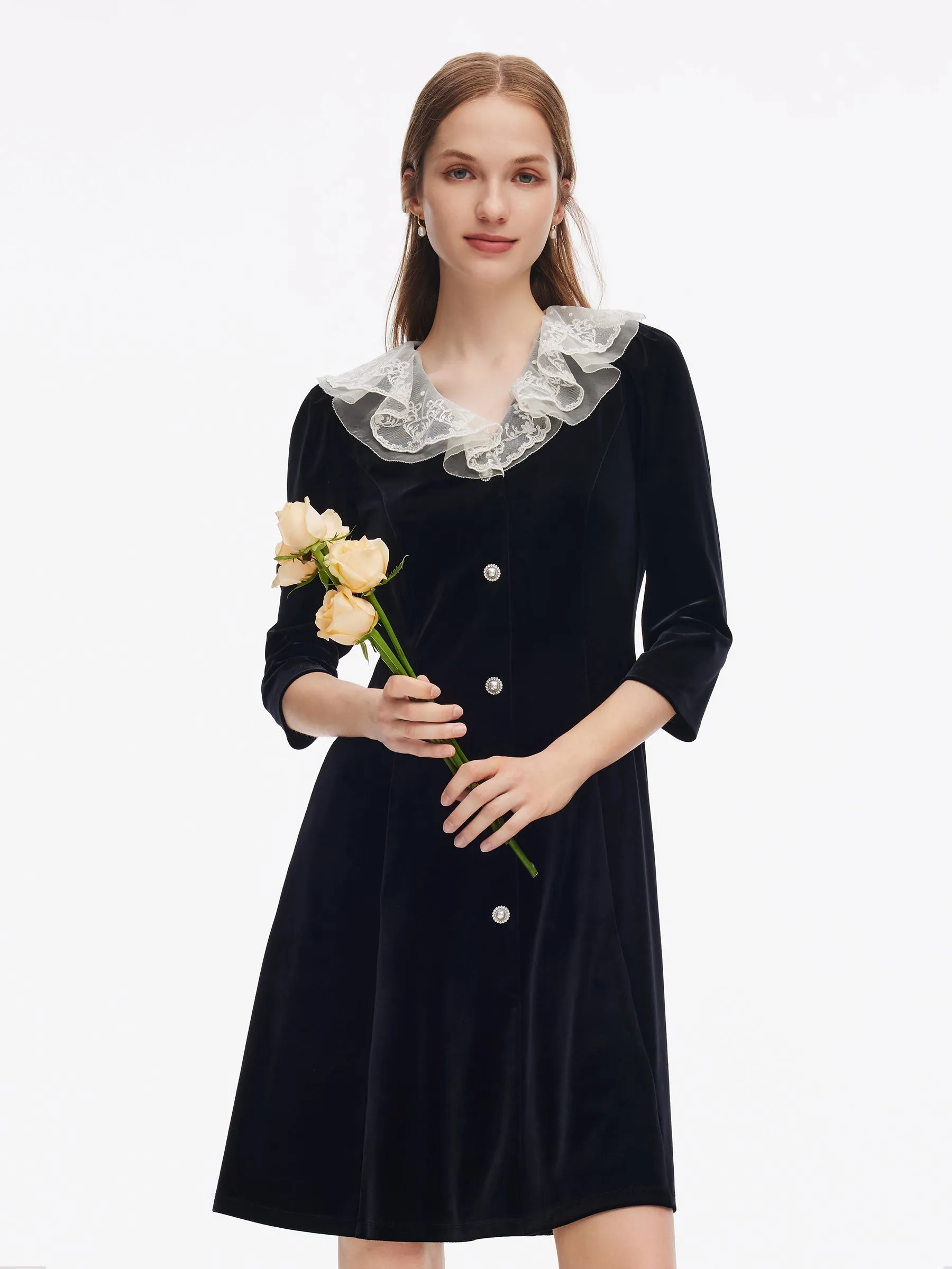 Street Spice Velvet Patchwork Embroidered Collar Women Mini Dress