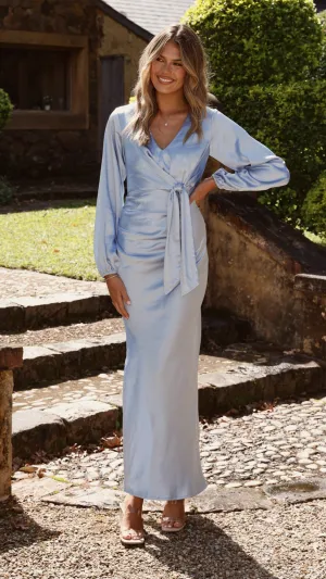 Its versatile length ensures it can be worn for a variety of occasions from casual to formal Ivy Long Sleeve Tie Front Maxi Dress - Blue