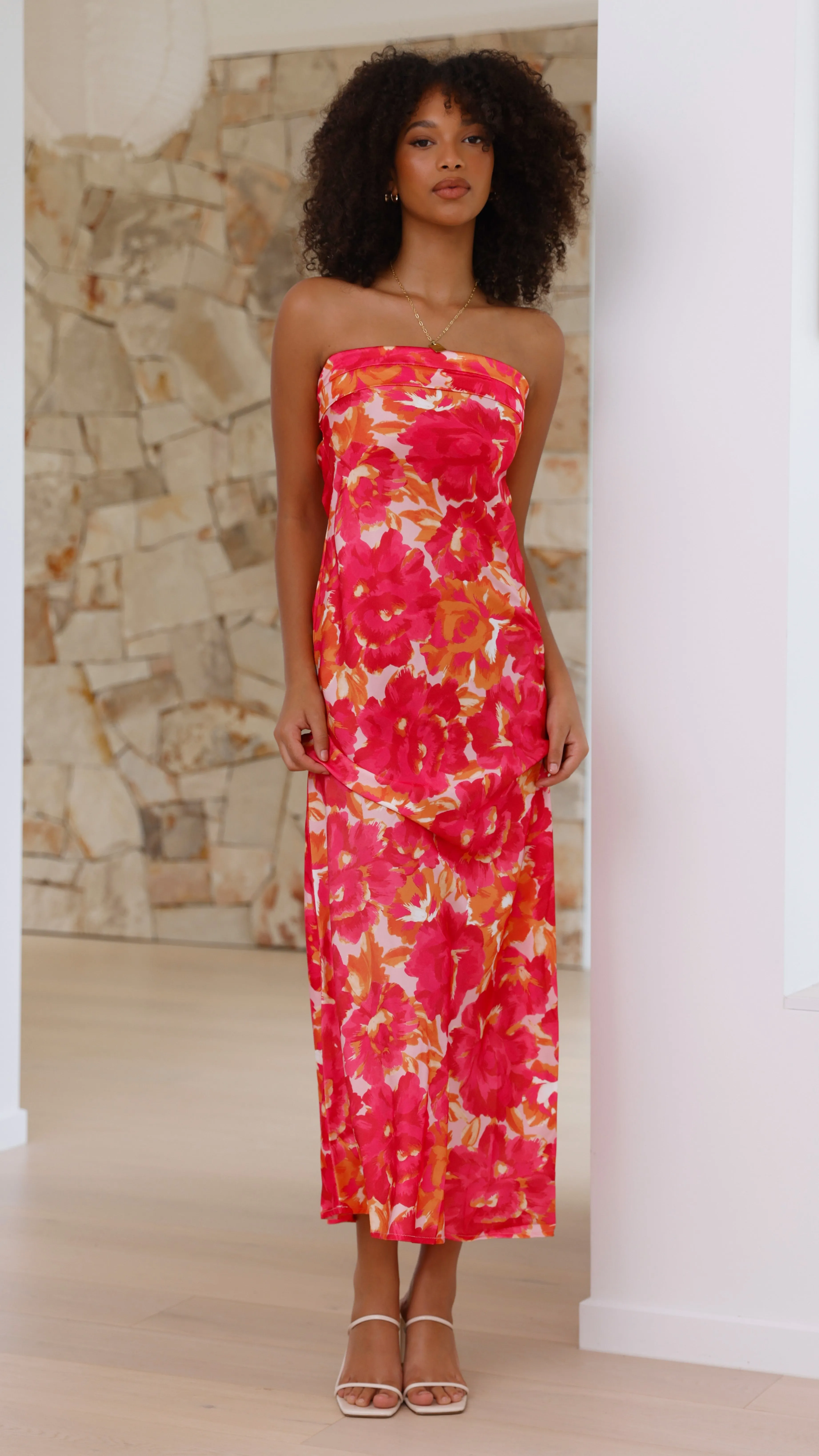 Miya Maxi Dress - Pink/Red Floral Versatile occasion dress Greek Touch