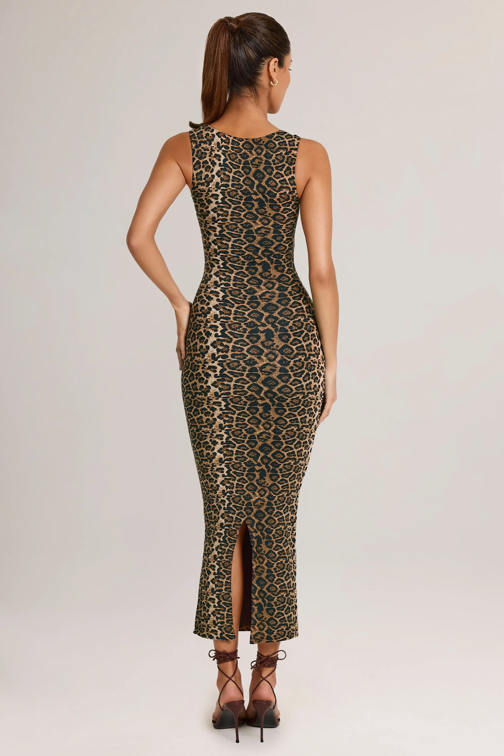 Smart and Stylish Bead Shine Modal Square-Neck Bodycon Midi Dress in Leopard Print