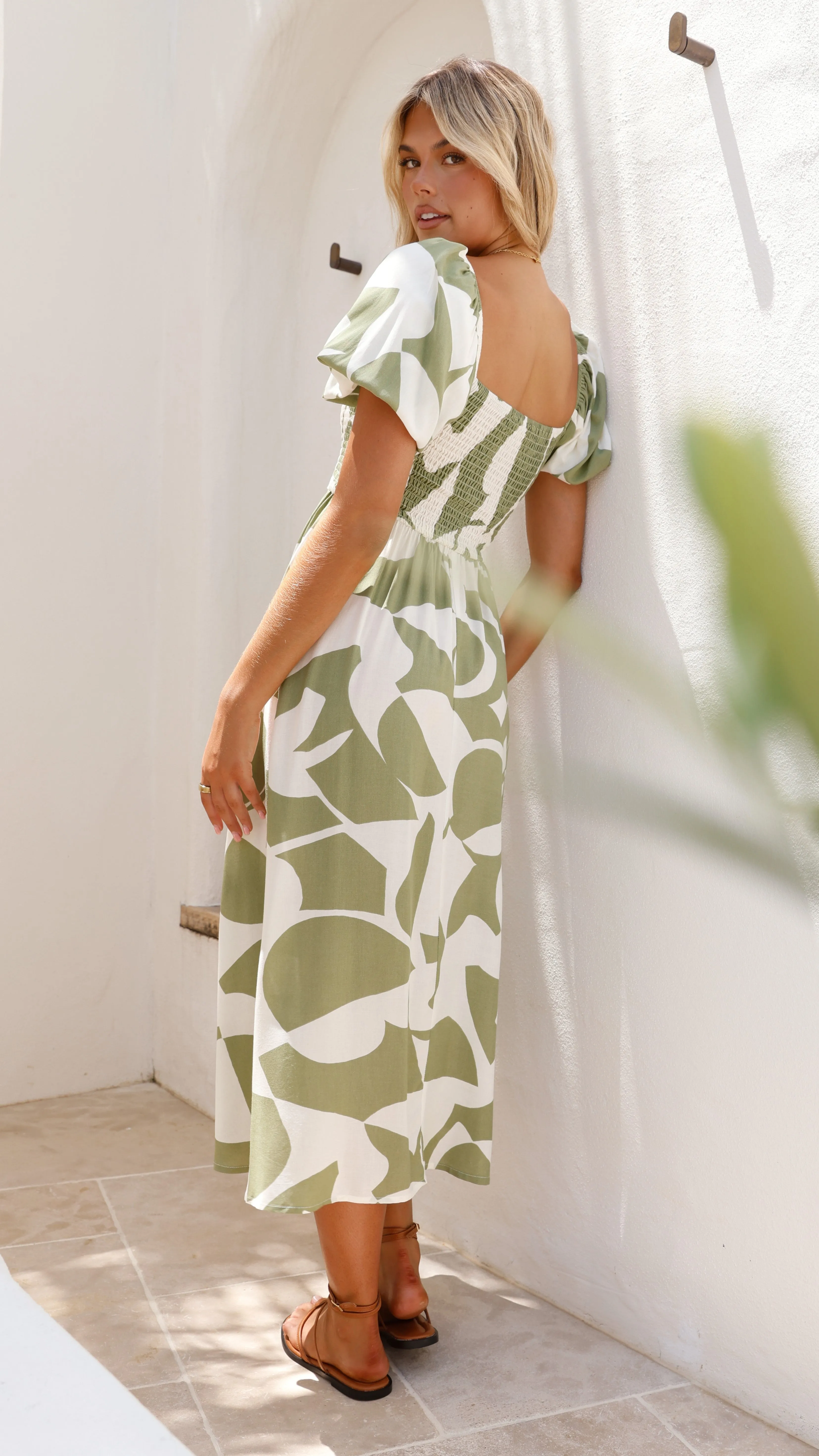 Glacier Edge Leaf Fall Ilene Midi Dress - Sage Print