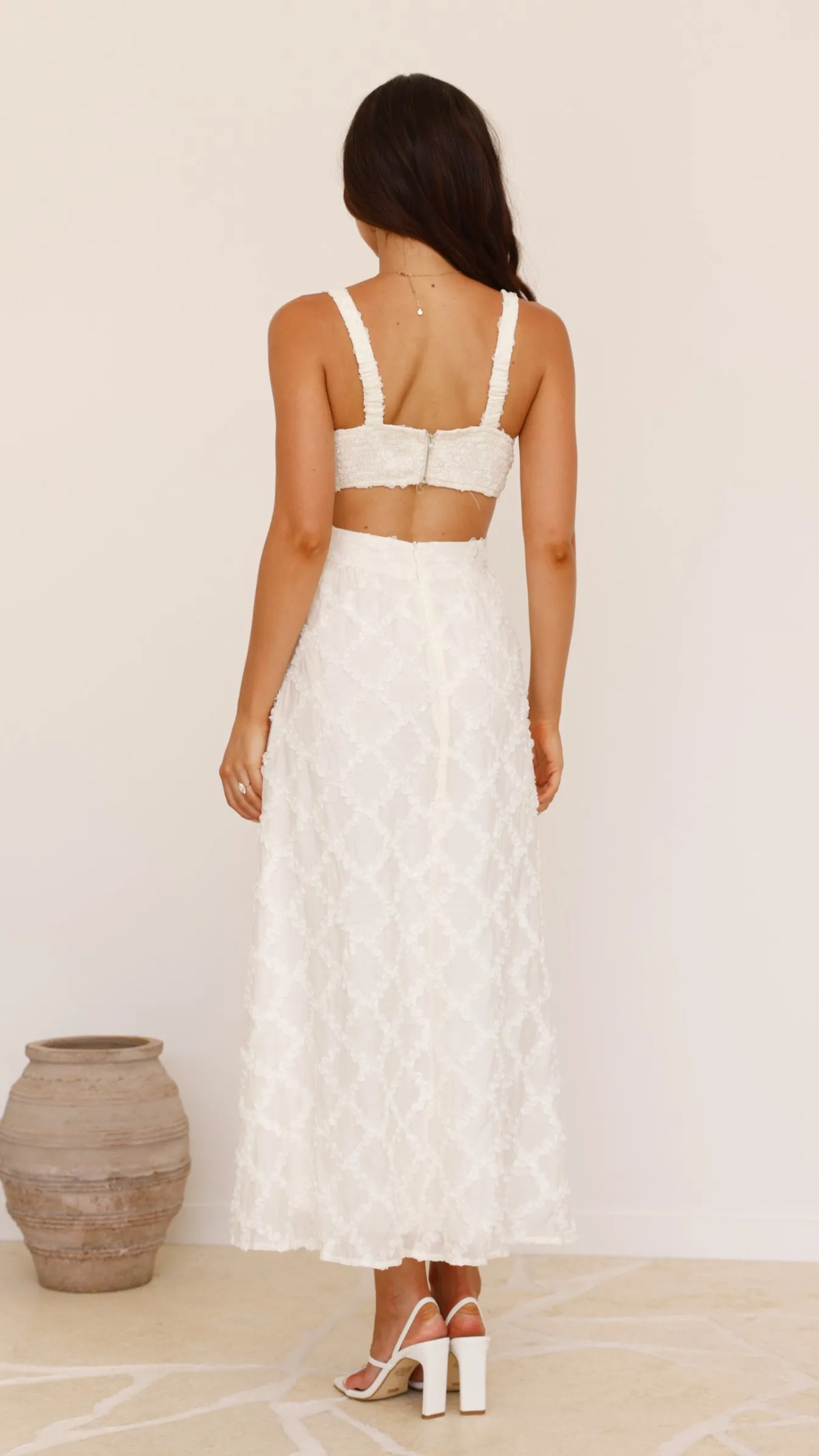 Jenny Side Cut Midi Dress - Cream Trail Walk