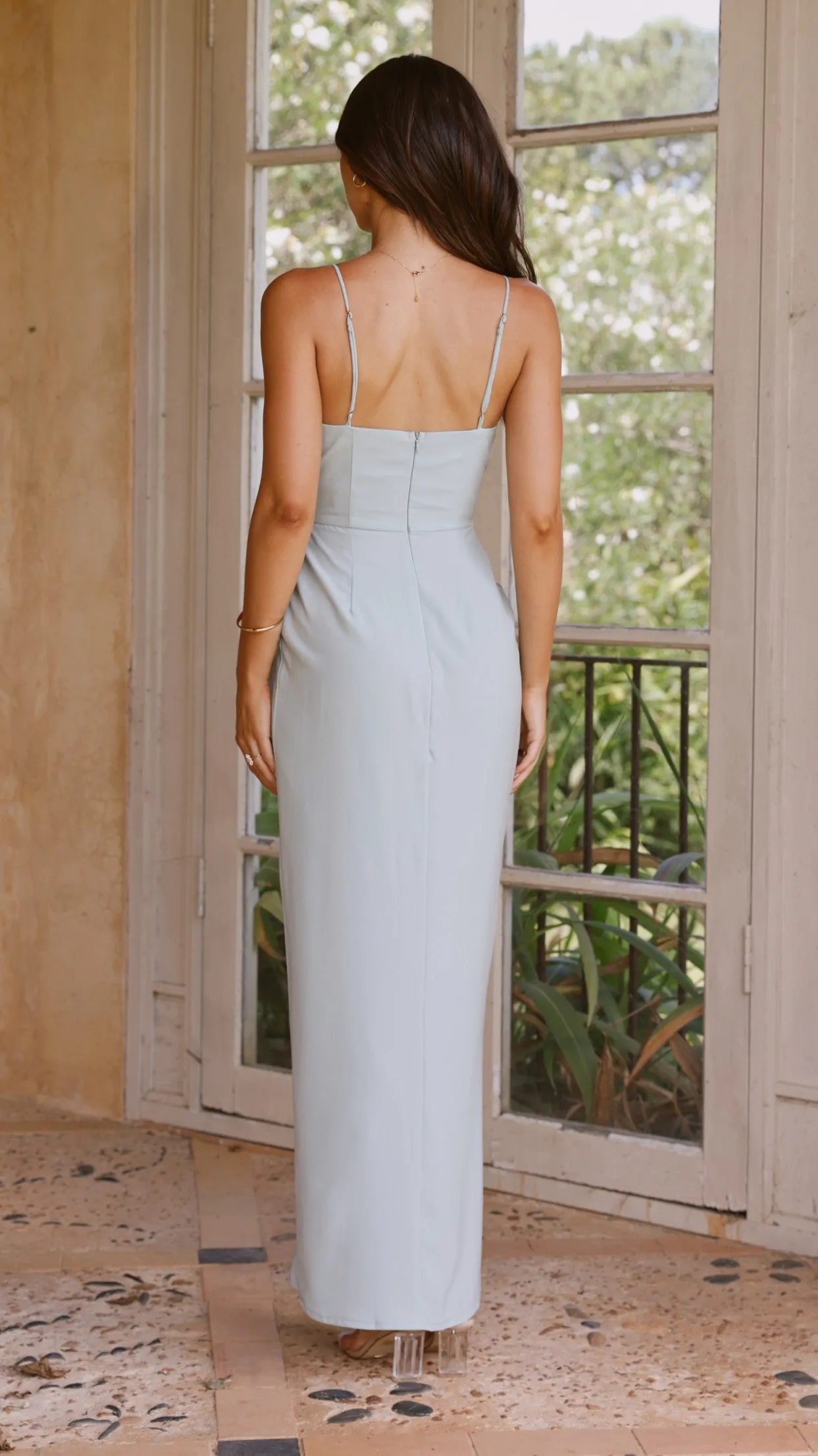 Charlotte Draped Maxi Dress - Sage delicate embroidery