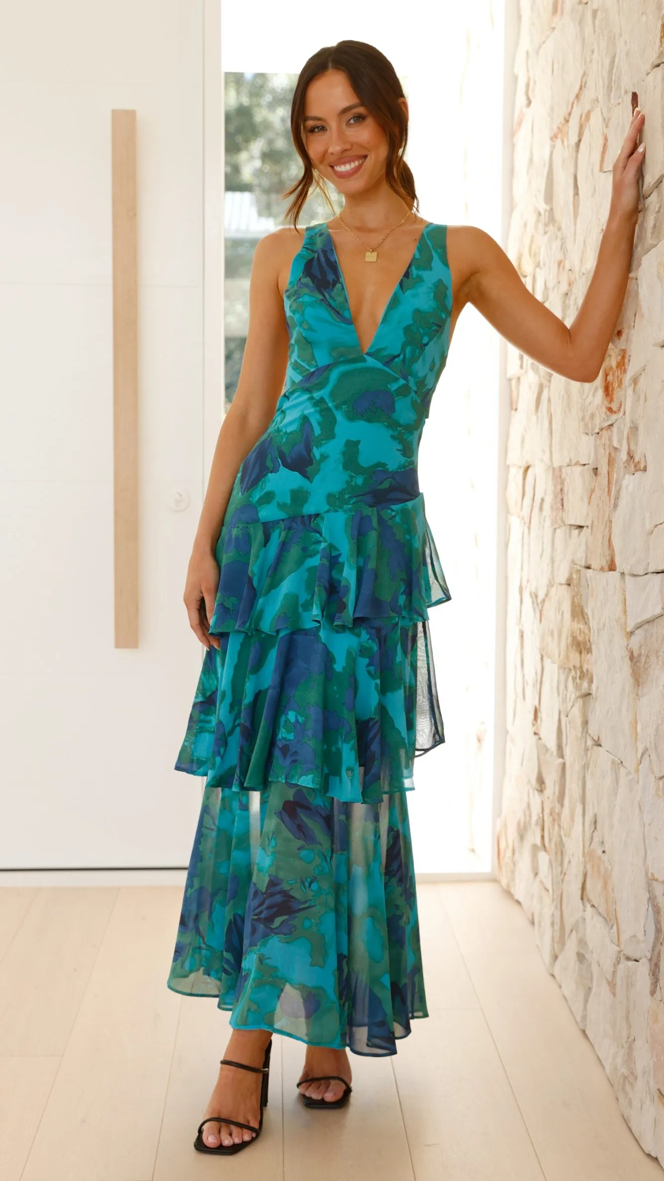Sachiko Maxi Dress - Blue / Green Print Angel Feel Cozy evening dress