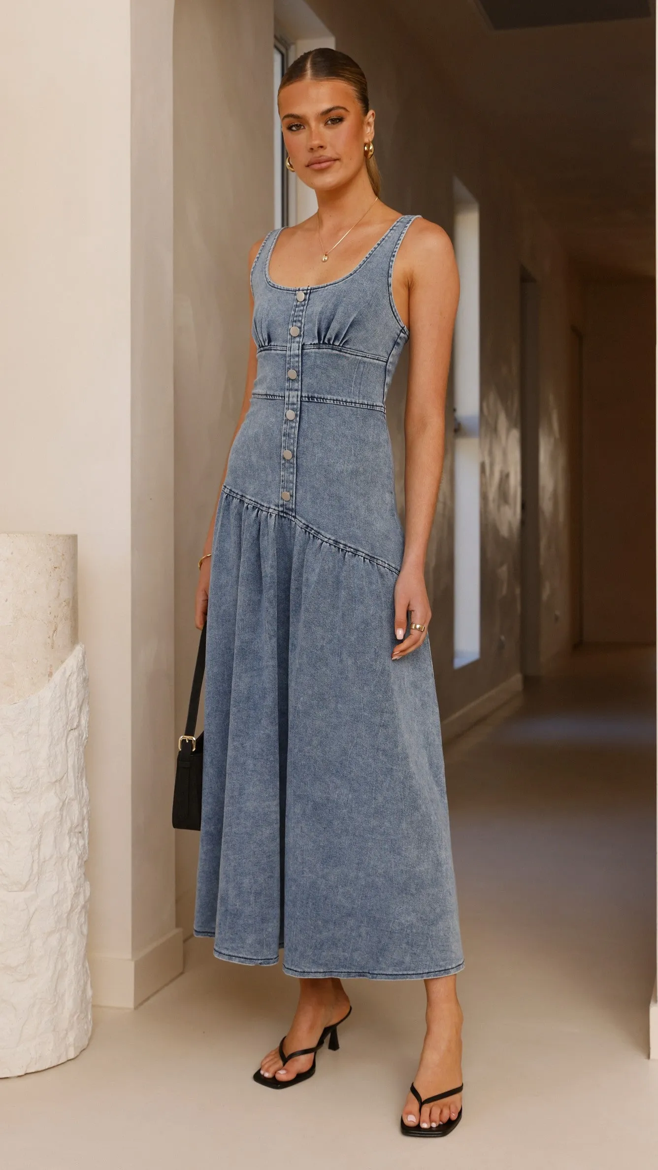 Generosa Button Front Maxi Dress - Mid Blue Denim Shell Glow