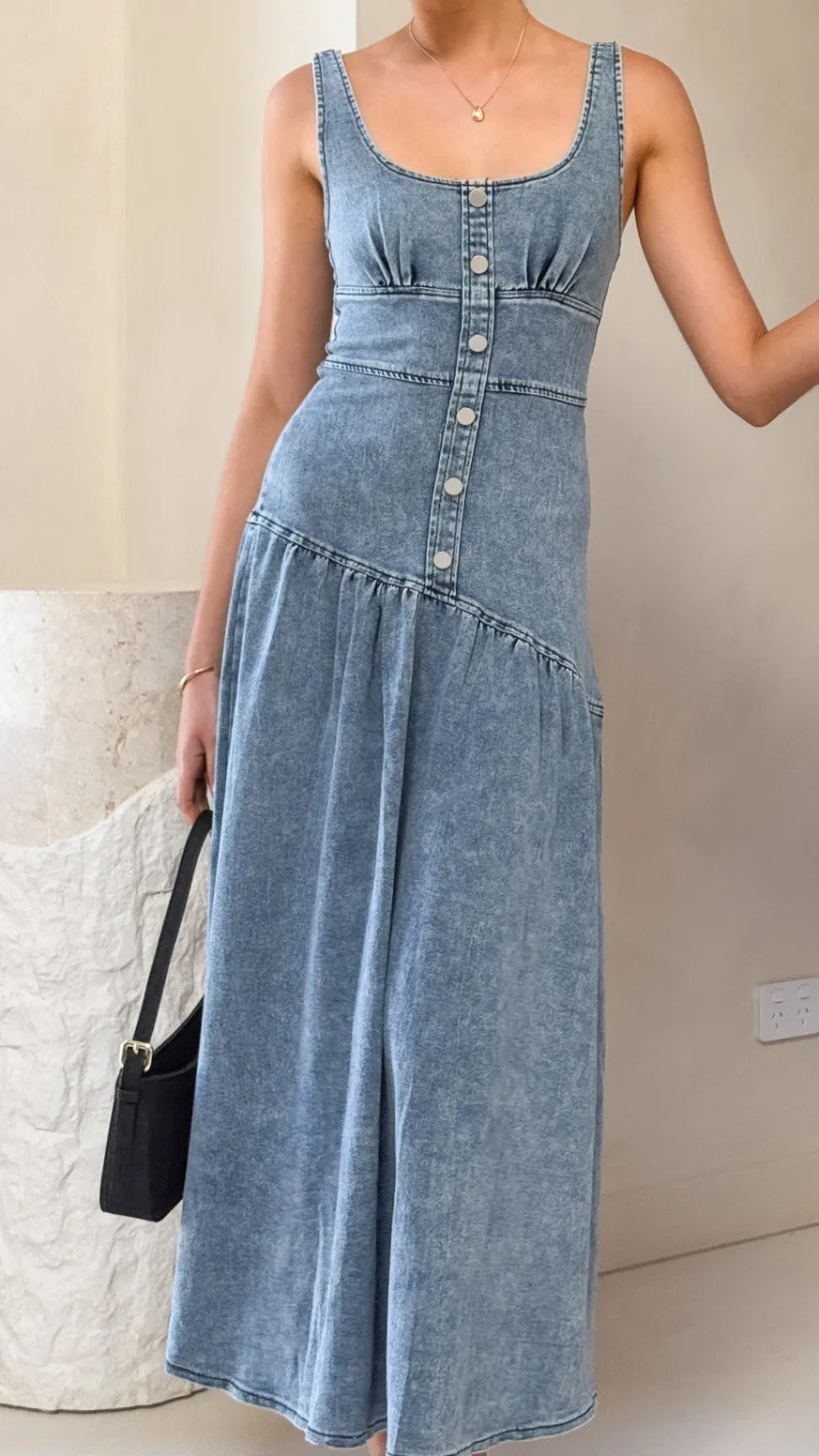 Vibrant floral maxi Mirror Glow Generosa Button Front Maxi Dress - Mid Blue Denim