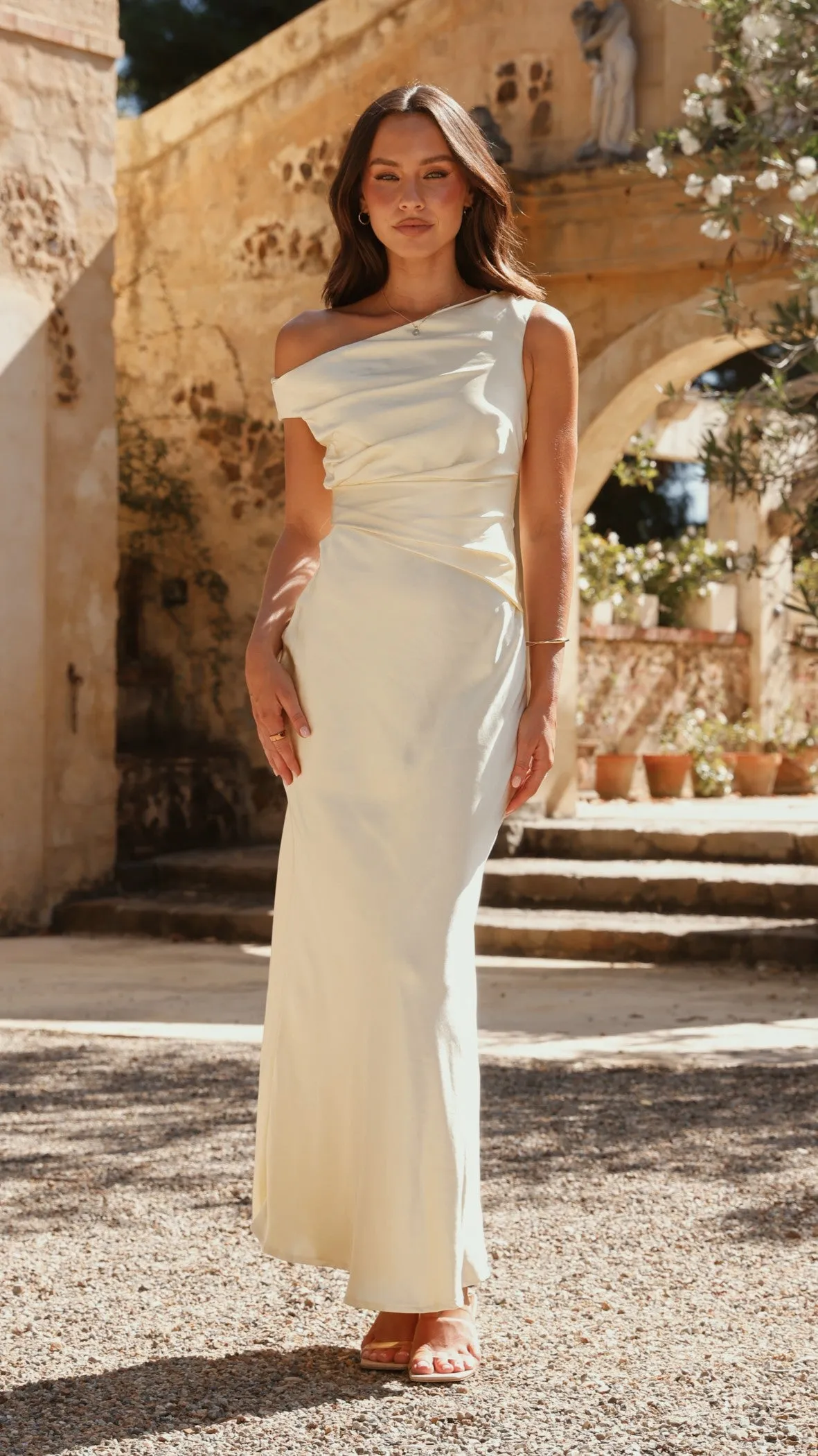 Auria Off Shoulder Maxi Dress - Yellow Moon Beam Layer Art