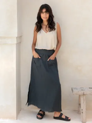 Mid Rise Eco conscious Aurora French Linen Skirt Charcoal