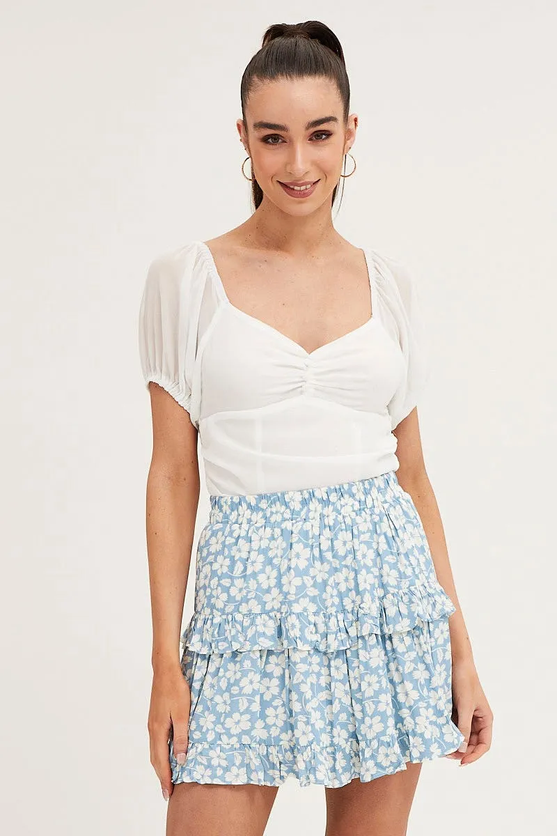 Stretchable Waist Print Elastic Waist Mini Skater Skirt