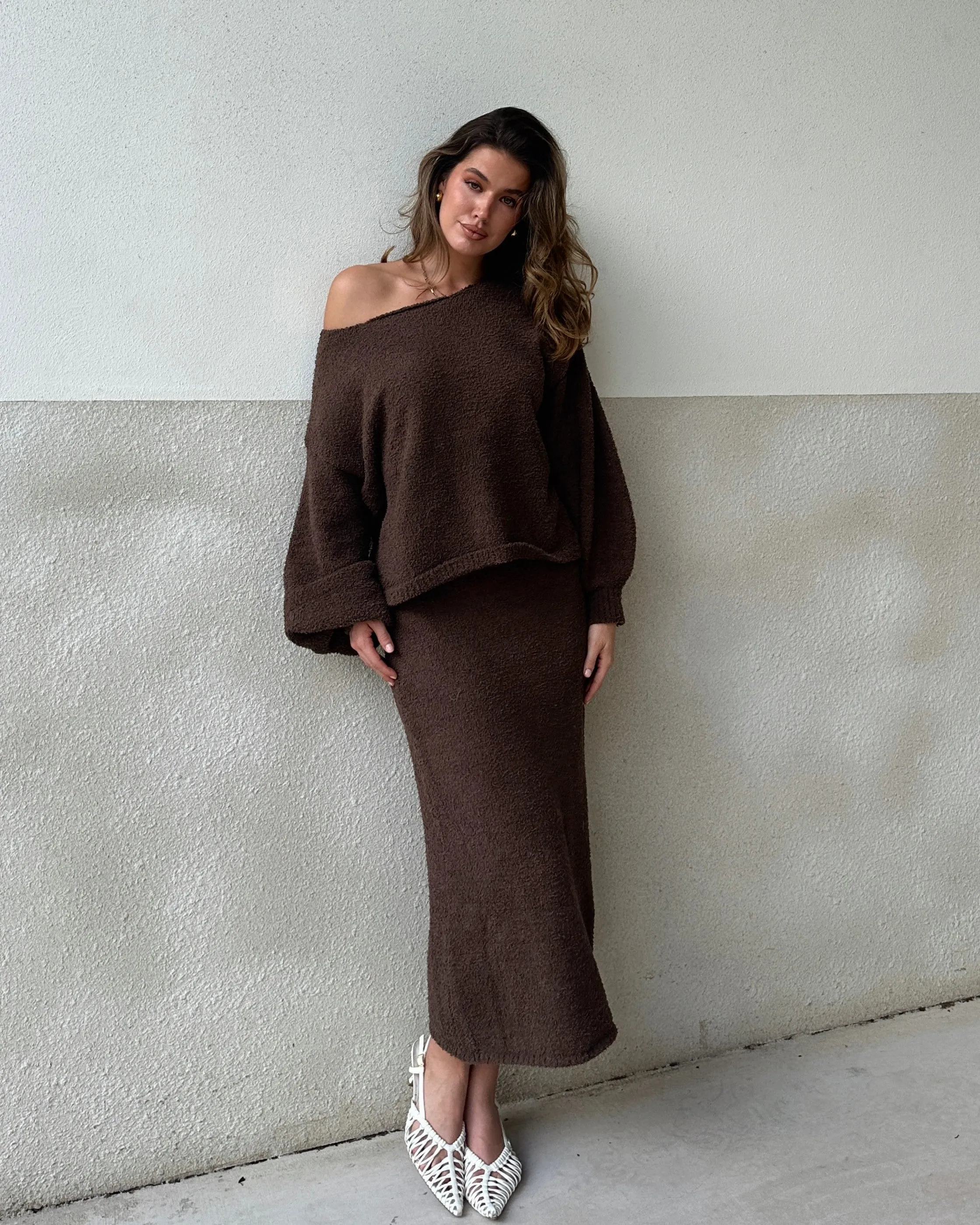 Chic dinner outfit Cohen Knit Midi Skirt - Chocolate