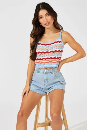 Orange Stripe Knit Singlet Sleeveless Scoop Neck Crochet Leader Core
