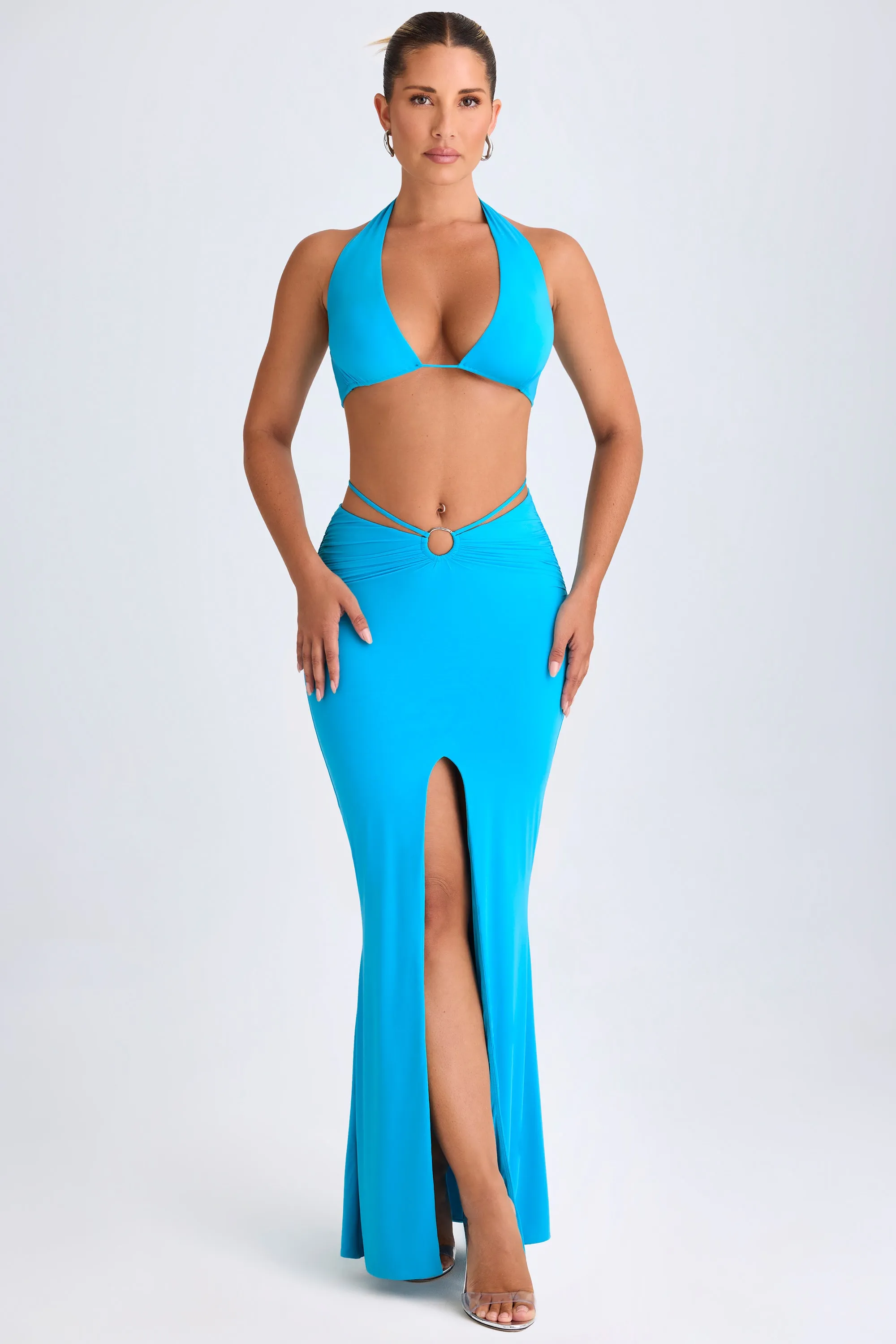 Laidback Feel Hardware-Detail Mid-Rise Maxi Skirt in Aqua Blue