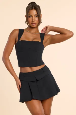 Brushed Twill Mid Rise Pleated Micro Mini Skirt in Black Mix Texture Polka Dot