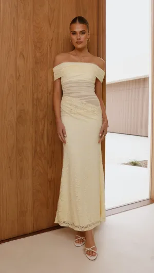 Tiarna Off The Shoulder Maxi Dress - Yellow Leaf Glow Peach Soft