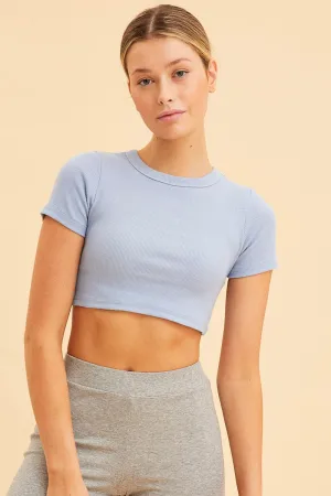 Blue Baby Tee Crop Crew Neck Short Sleeve Rib StaticResistantLining Recycled materials
