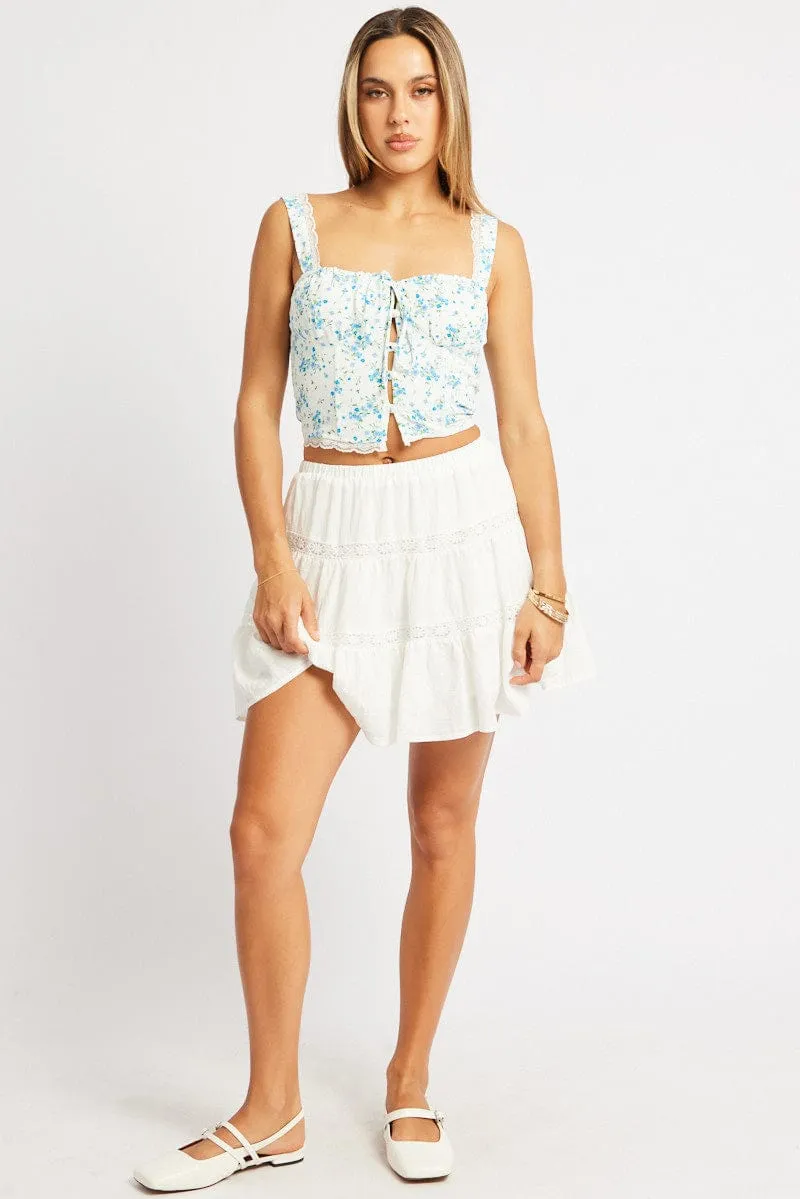 Hand Painted Fringe Detail White Skater Skirt Tiered High Rise Mini Lace Insert