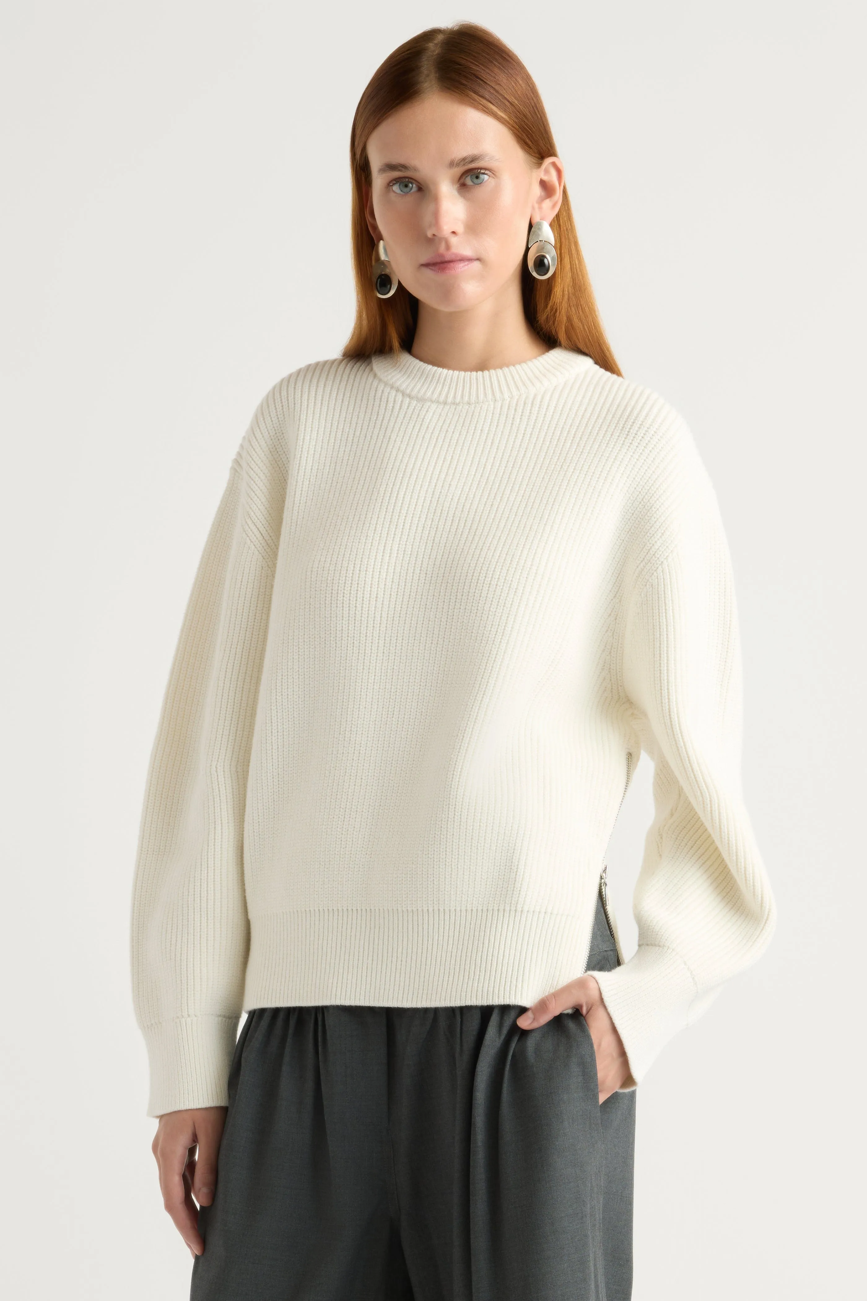High Neckline Knit Design Tate Organic Cotton Side-Zip Sweater