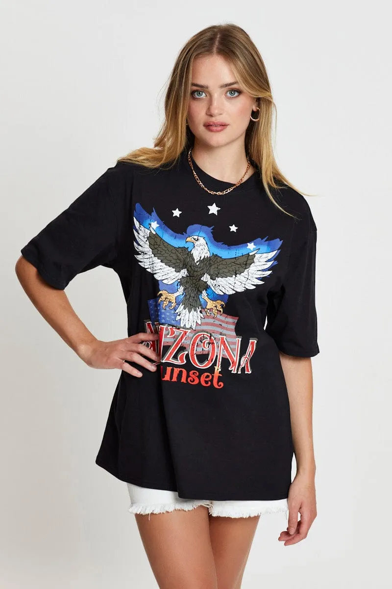Black Graphic T Shirt Short Sleeve FoldableDesign Breathable Style