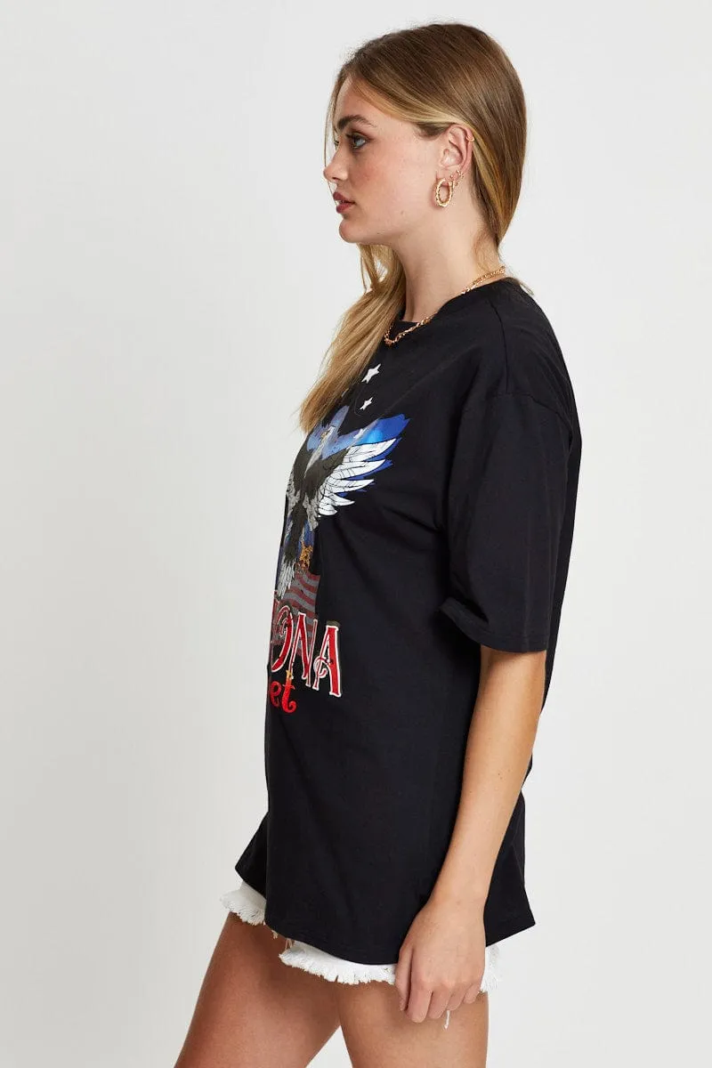 Classic Crew Neck Tagless Design Black Graphic T Shirt Short Sleeve
