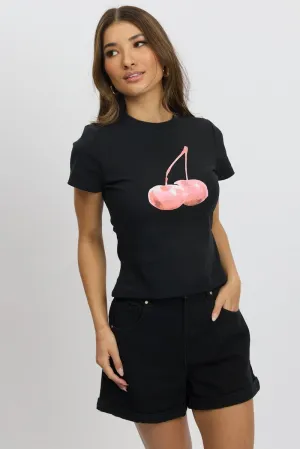 Casual Layering Wear Black Graphic Tee Short Sleeve