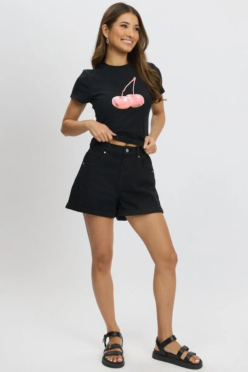 Black Graphic Tee Short Sleeve Indoor Comfort Washable