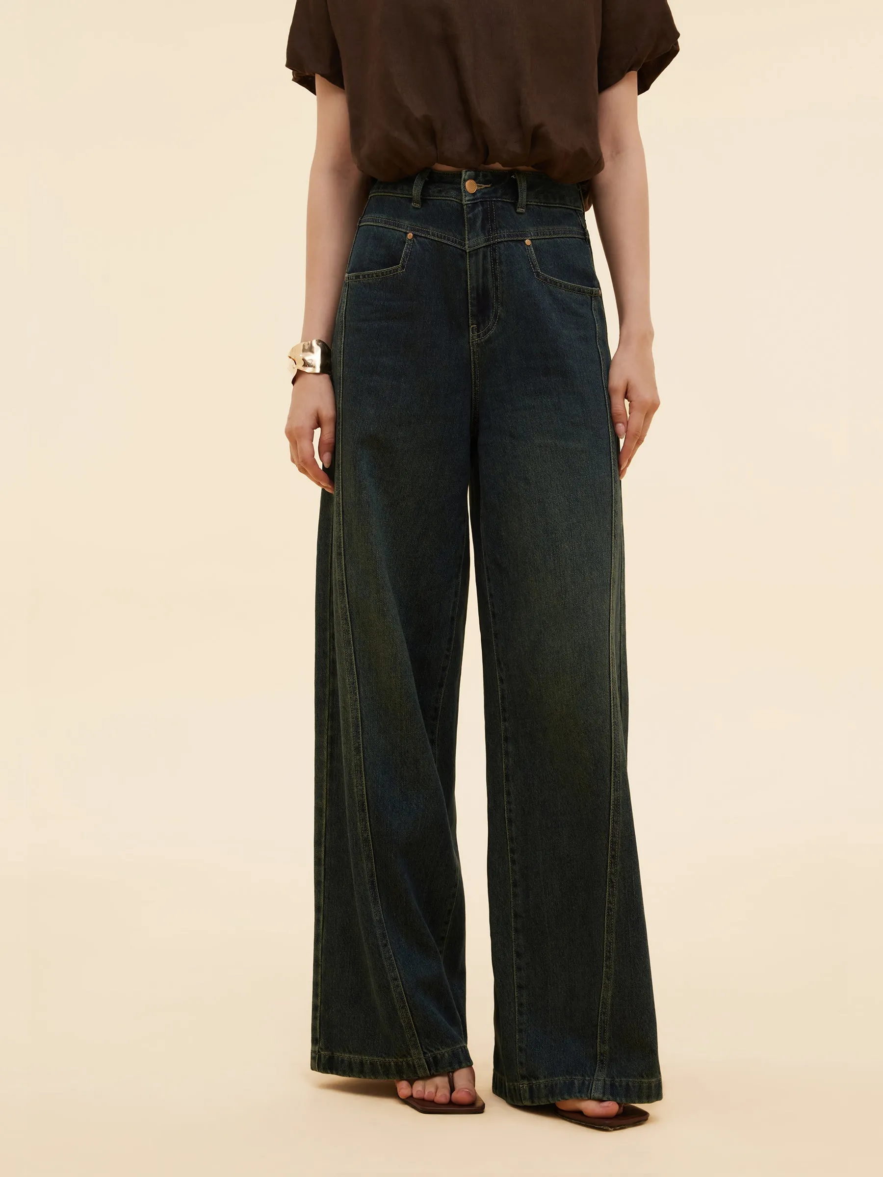 Denim Adjustable Waist Straight Wide Leg Women Jeans Youth Outfit