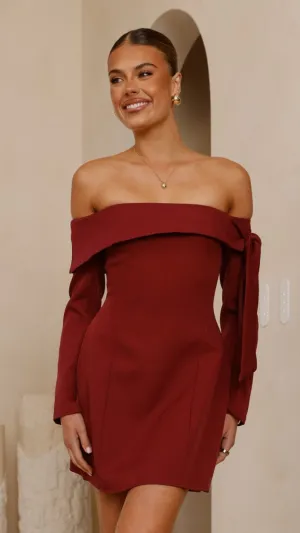 Halen Long Sleeve Mini Dress - Wine Party Snap Keyhole Neckline Style