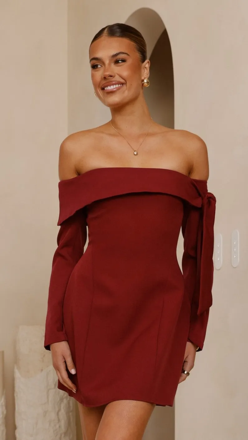 Halen Long Sleeve Mini Dress - Wine Party Snap Keyhole Neckline Style
