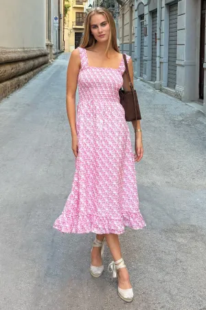 Rhianna Organic Cotton Dress | Clover Arches White/Pink Midi dress with waist tie