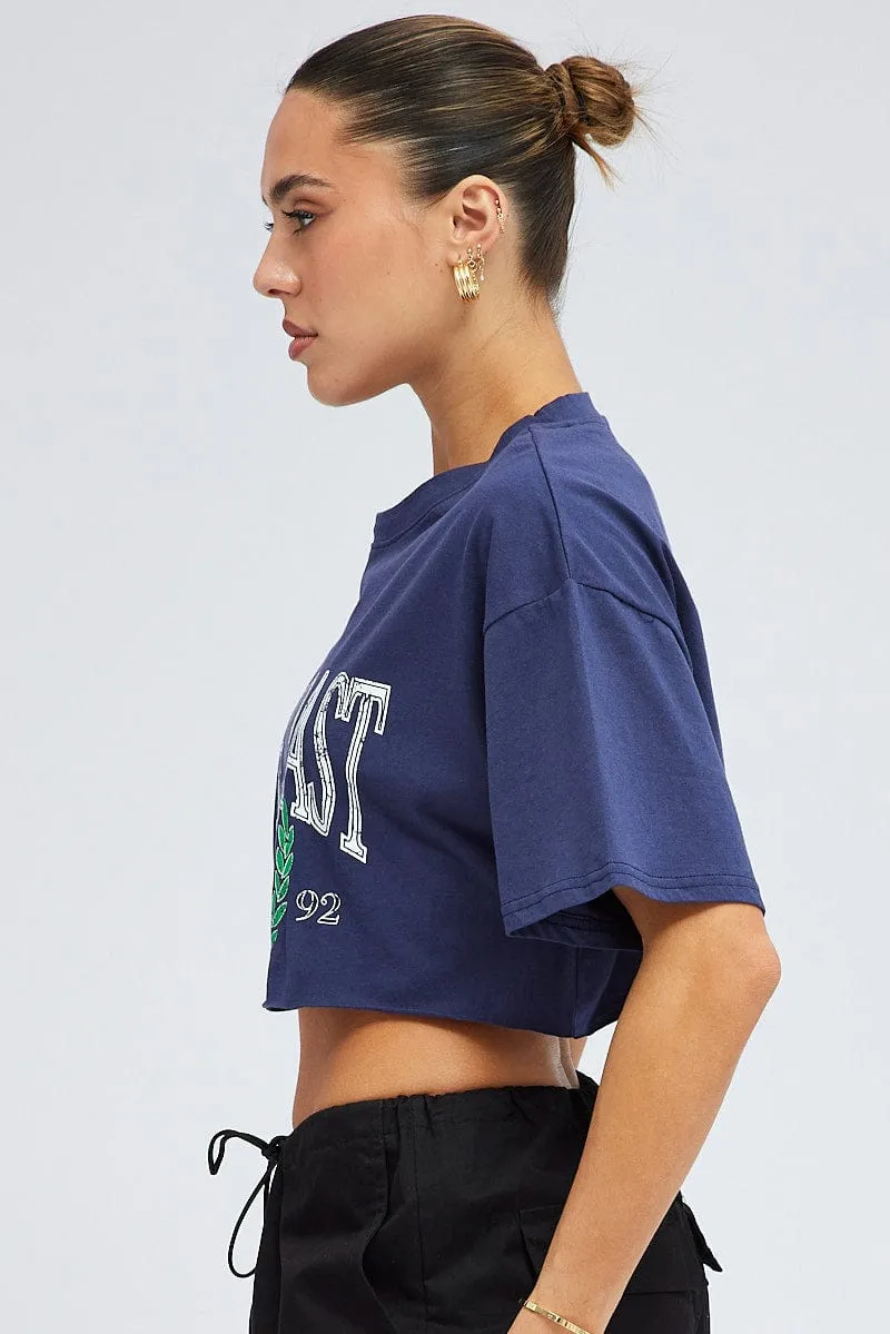 Blue Print Graphic Tee Crop Relaxed Varsity Slogan T-shirt Bold colors Effortless Look