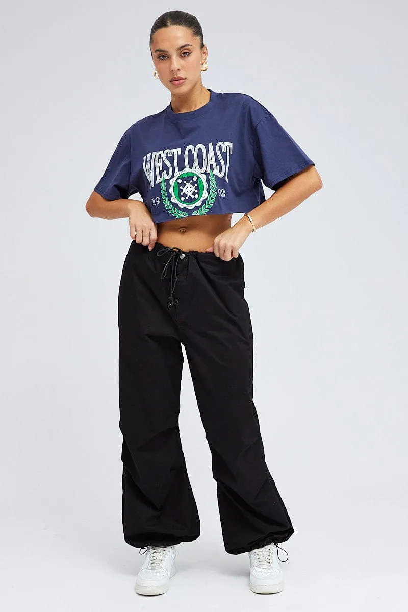 Blue Print Graphic Tee Crop Relaxed Varsity Slogan T-shirt Summer Essential