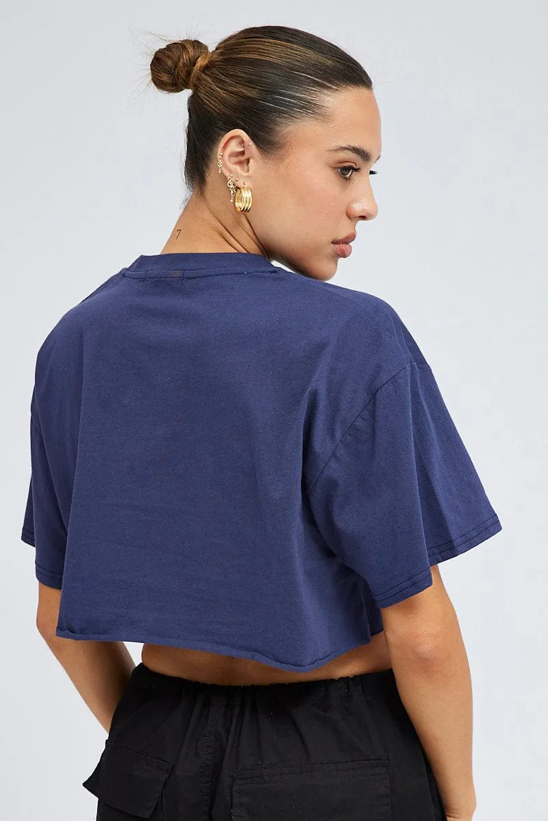 Summer Comfort Sustainable Textile Blue Print Graphic Tee Crop Relaxed Varsity Slogan T-shirt