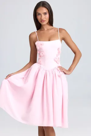 Floral-Appliqu?? Midi Dress in Blush Versatile midi dress with pockets