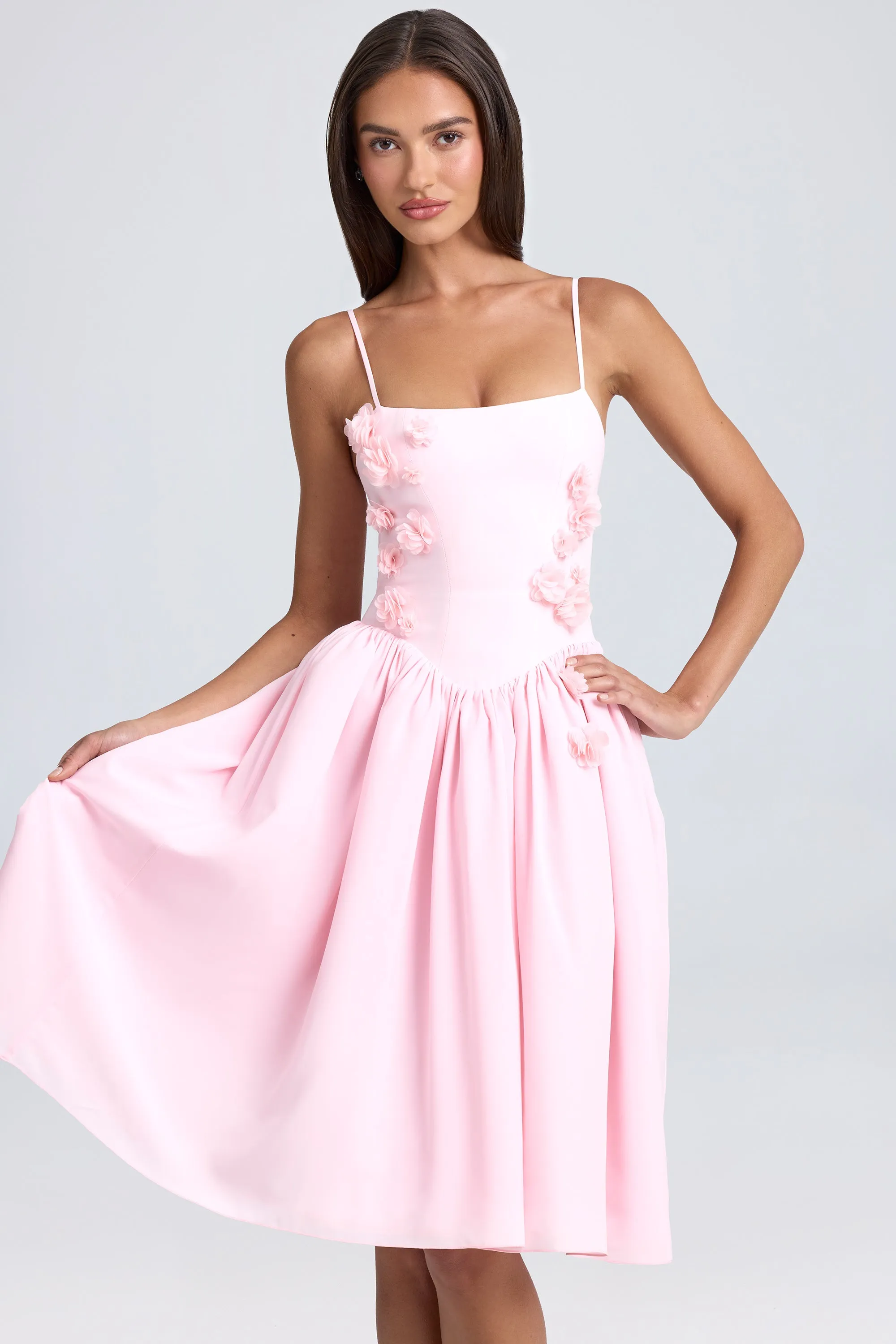 Floral-Appliqu?? Midi Dress in Blush Versatile midi dress with pockets