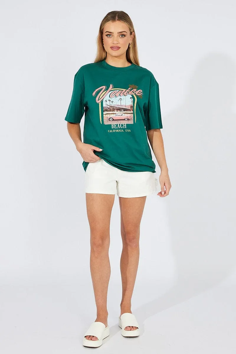 Green T Shirt Short Sleeve Crew Neck Venice Beach Cotton anniversary Fun and Comfortable