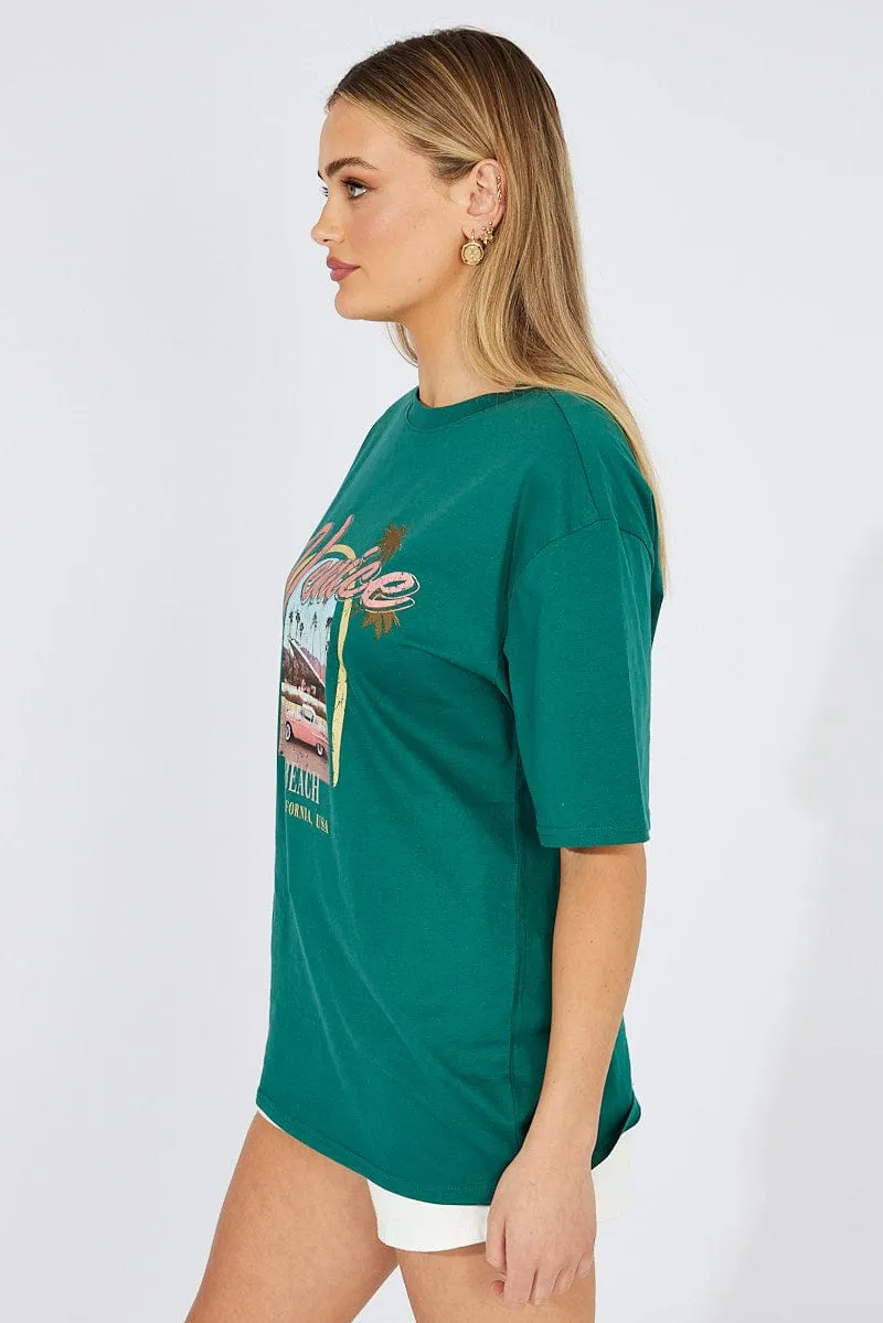 Athletic and Cool Stylish piece Green T Shirt Short Sleeve Crew Neck Venice Beach Cotton
