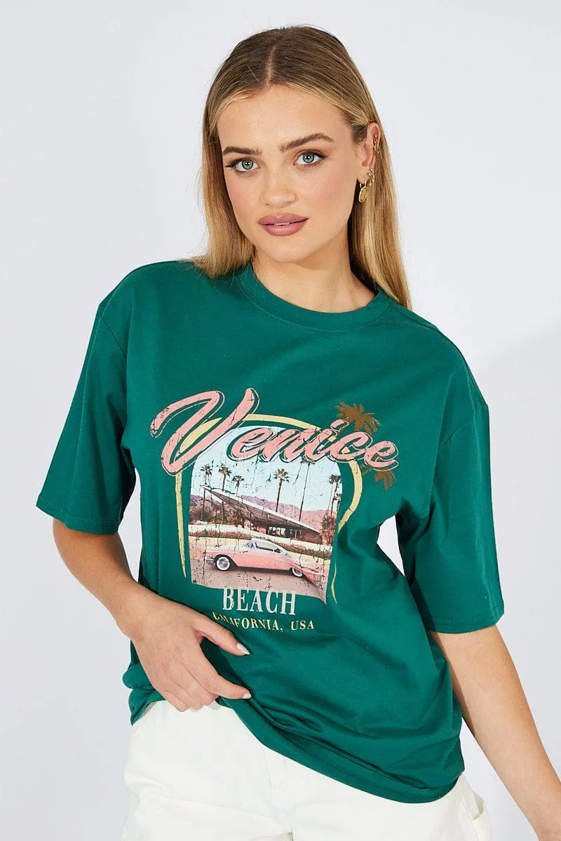 Green T Shirt Short Sleeve Crew Neck Venice Beach Cotton Relaxed Look Trendy Vibes