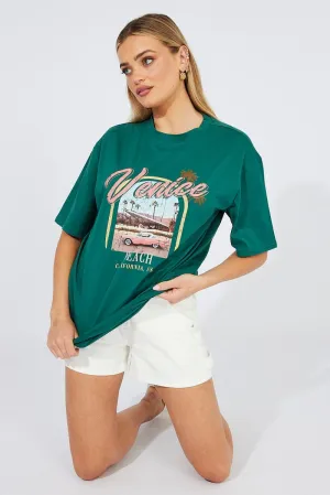 Recycled Material Green T Shirt Short Sleeve Crew Neck Venice Beach Cotton