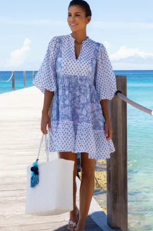 Recycled Polyester Material Trendy Chic Marina Organic Cotton Print Mix Dress | Blossom Print Blue/White