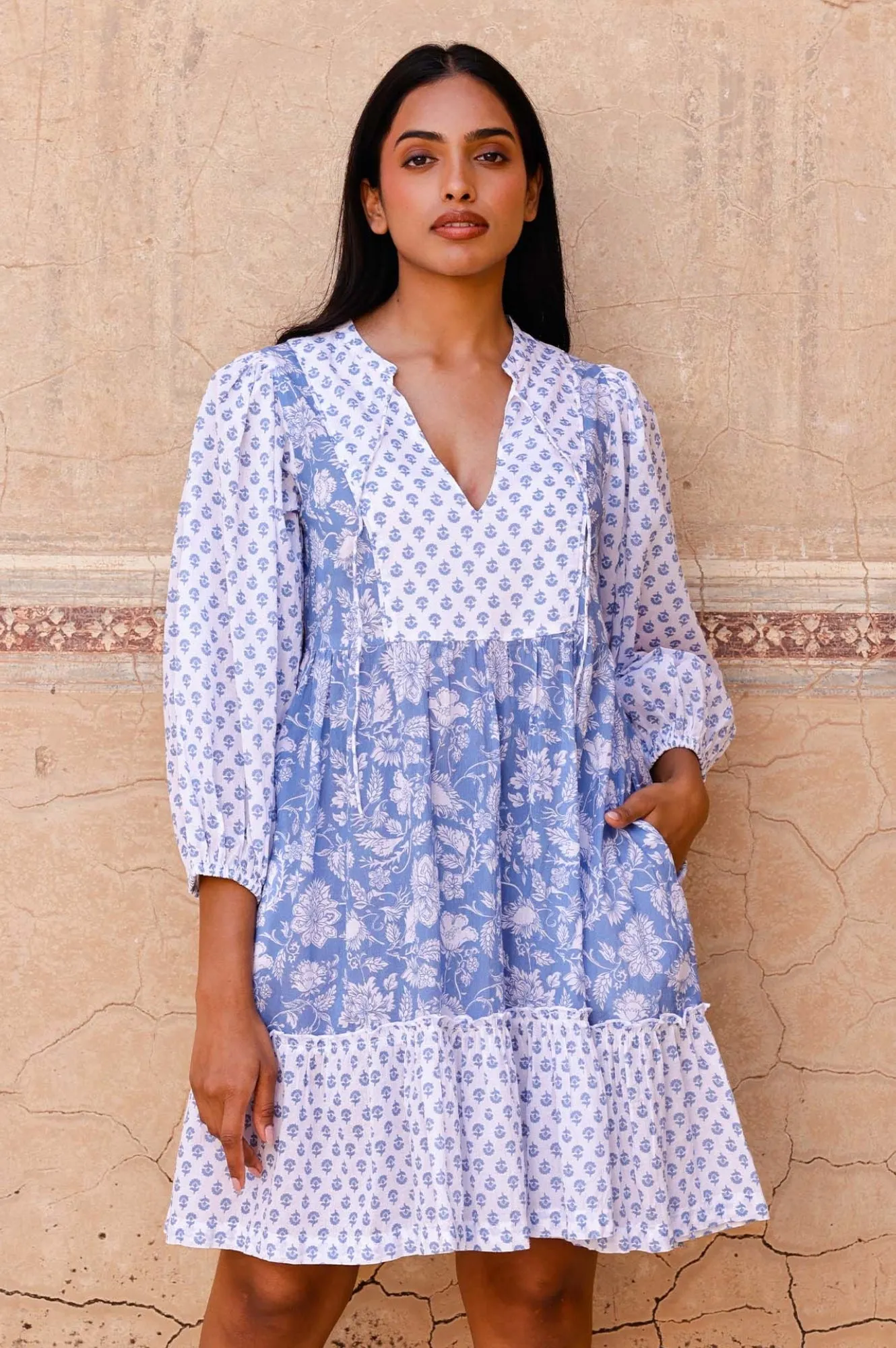 Marina Organic Cotton Print Mix Dress | Blossom Print Blue/White Club Star elegant design